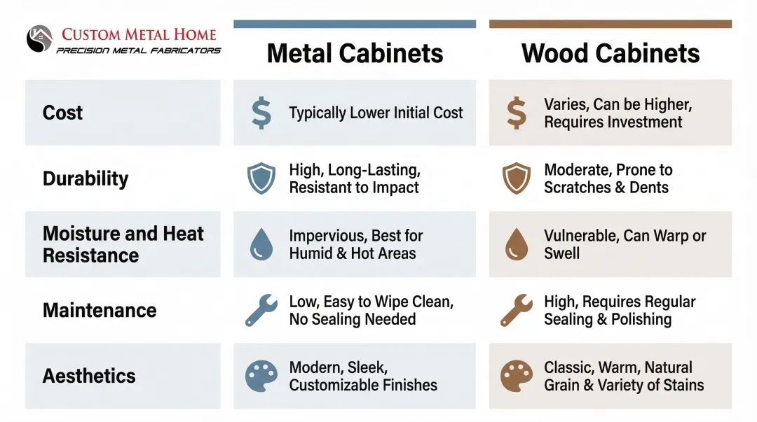 Metal versus wood kitchen cabinets five-category side-by-side comparison infographic