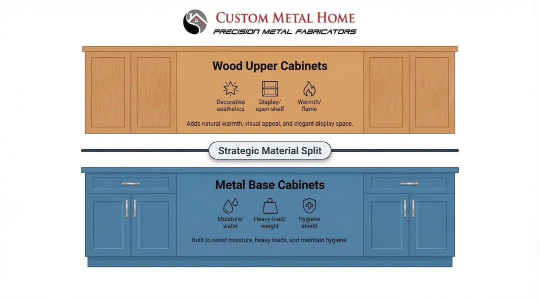 Hybrid kitchen cabinet layout metal base cabinets wood upper cabinets zone strategy diagram