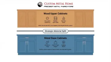 Hybrid kitchen cabinet layout metal base cabinets wood upper cabinets zone strategy diagram