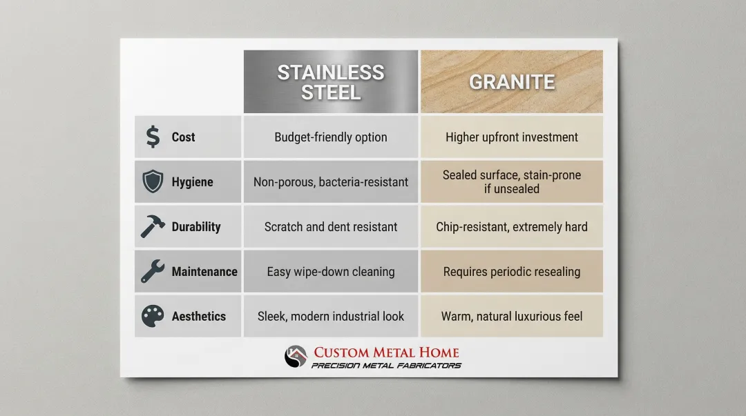 Stainless steel versus granite countertop five-category side-by-side comparison chart