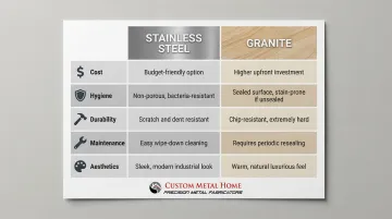 Stainless steel versus granite countertop five-category side-by-side comparison chart