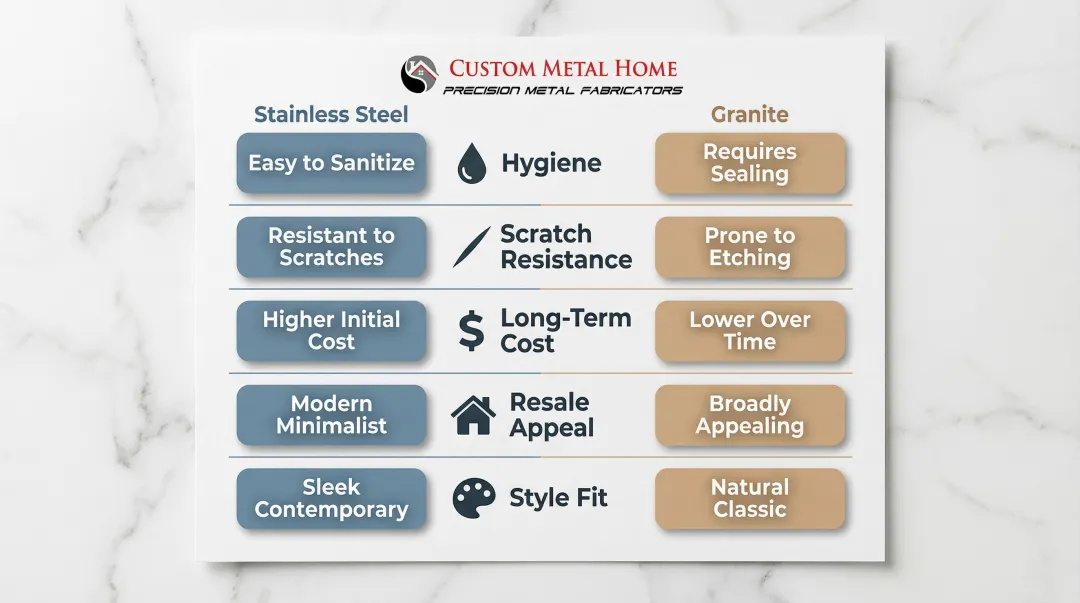 Five-category performance comparison of stainless steel and granite countertops infographic