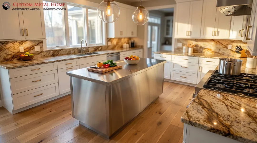 Modern kitchen combining stainless steel prep island and granite primary countertop surfaces
