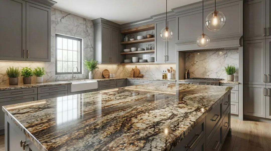Upscale residential kitchen featuring polished granite countertops with natural veining