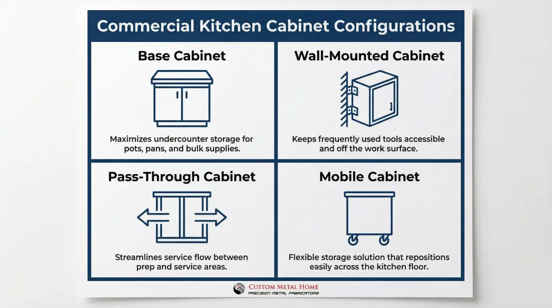 Four commercial kitchen cabinet types base wall pass-through and mobile configurations