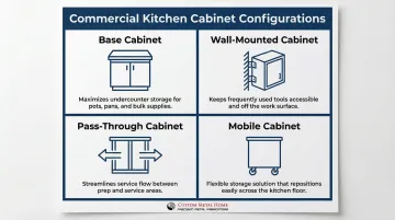 Four commercial kitchen cabinet types base wall pass-through and mobile configurations