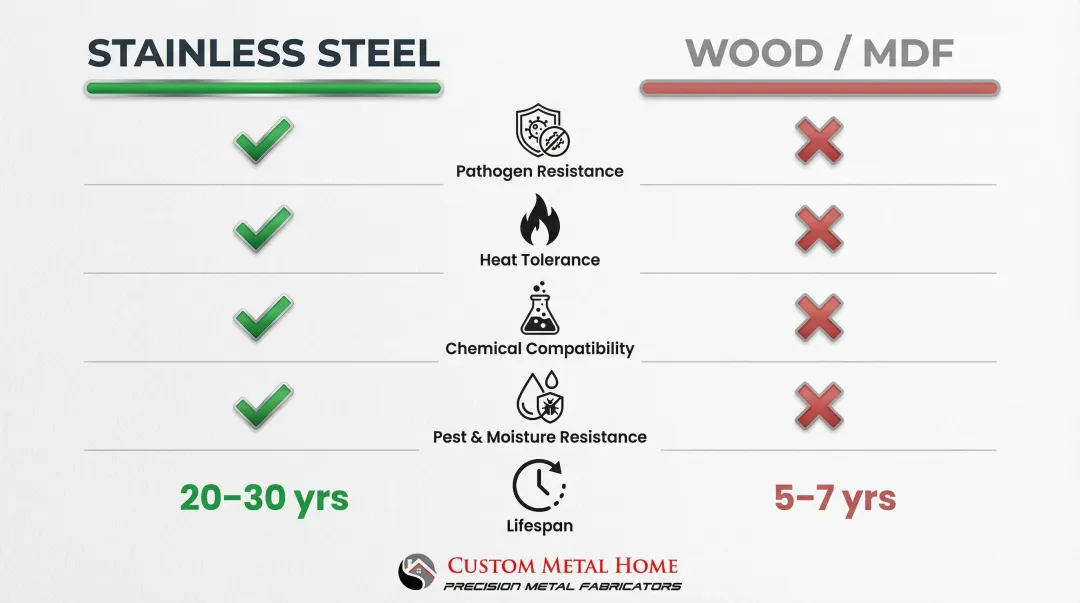 Stainless steel commercial kitchen cabinet advantages comparison versus wood and MDF