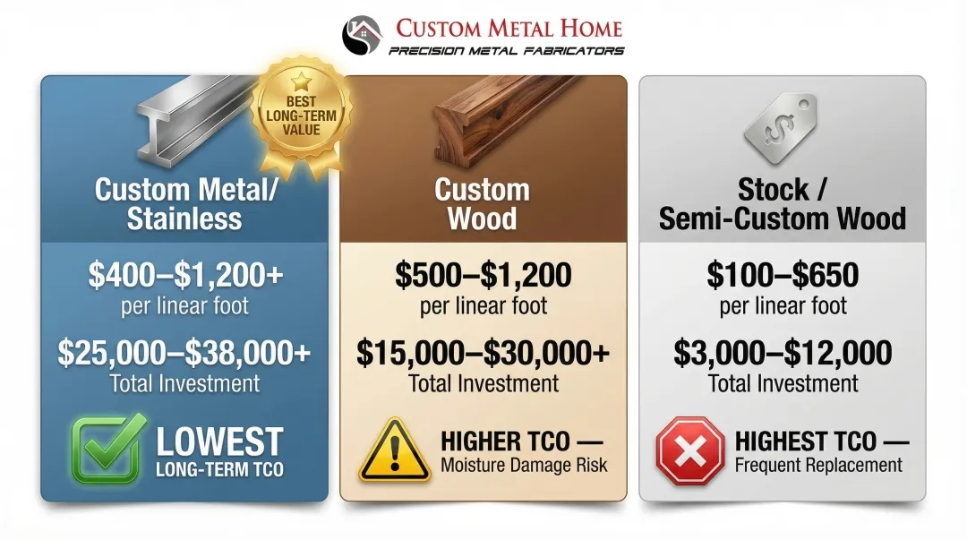 Three-tier kitchen cabinet cost comparison metal wood and stock options