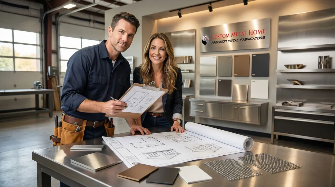 Fabricator and homeowner reviewing custom metal cabinet design plans together