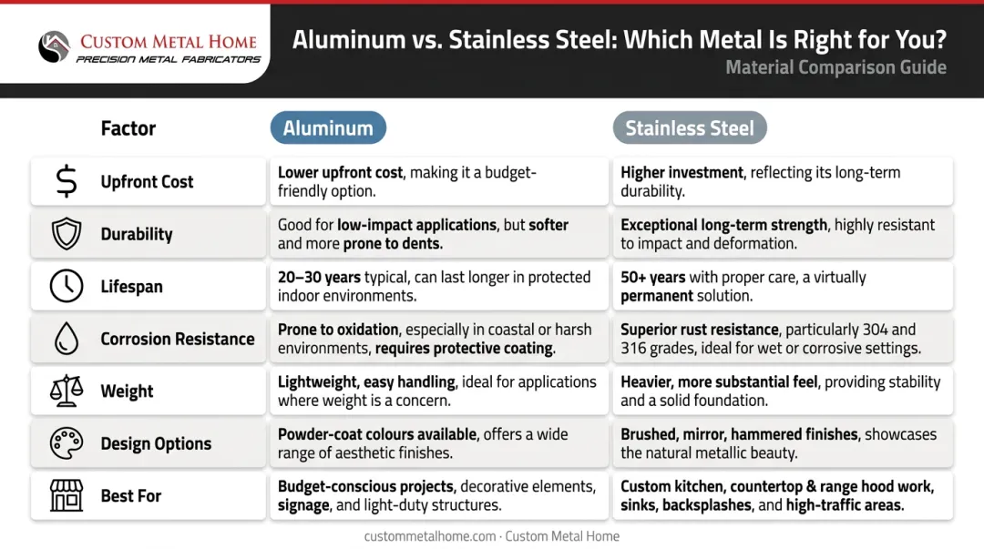 Aluminum versus stainless steel kitchen cabinet comparison chart seven key factors