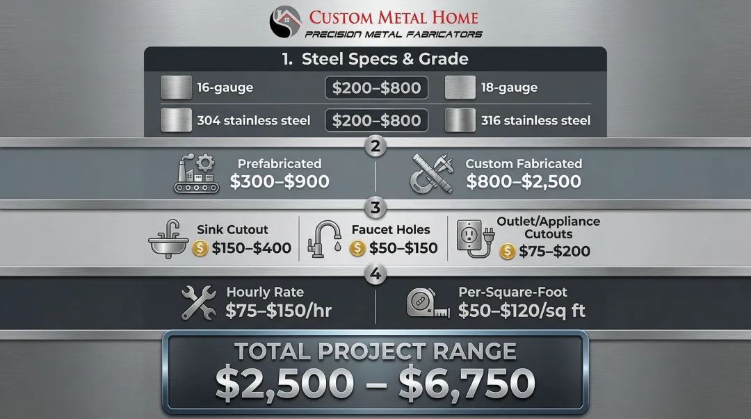 Stainless steel countertop cost breakdown by grade gauge finish and labor infographic