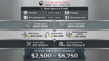 Stainless steel countertop cost breakdown by grade gauge finish and labor infographic