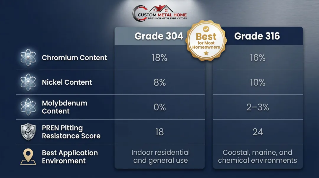 Grade 304 versus Grade 316 stainless steel countertop comparison infographic