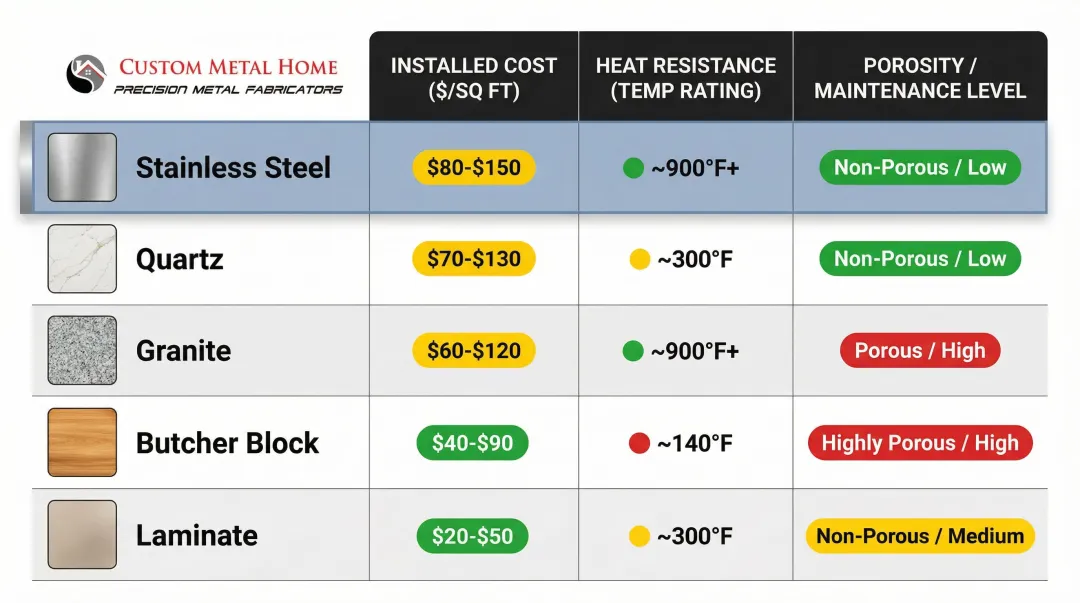 Five countertop materials cost heat resistance and porosity comparison chart