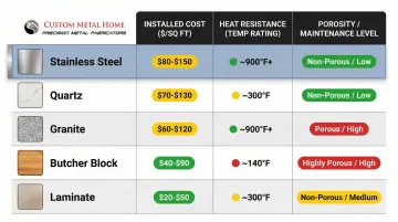 Five countertop materials cost heat resistance and porosity comparison chart