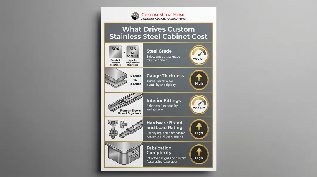 Stainless steel cabinet cost variables breakdown showing grade gauge and hardware factors