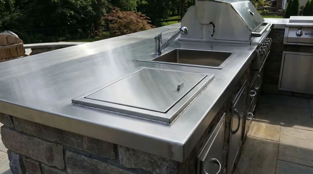 Custom stainless steel outdoor kitchen countertop with integrated grill and sink cutouts