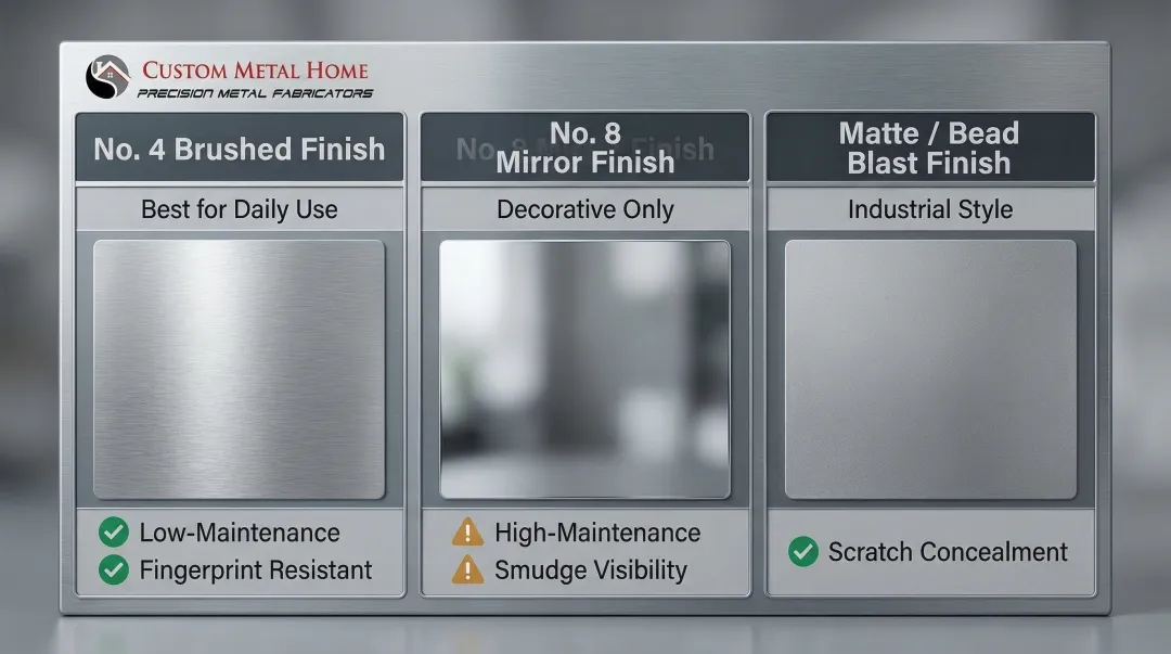 Three stainless steel countertop surface finish options compared side by side
