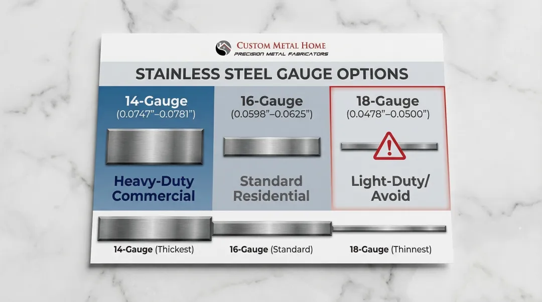 Stainless steel countertop gauge thickness comparison chart for residential and commercial kitchens