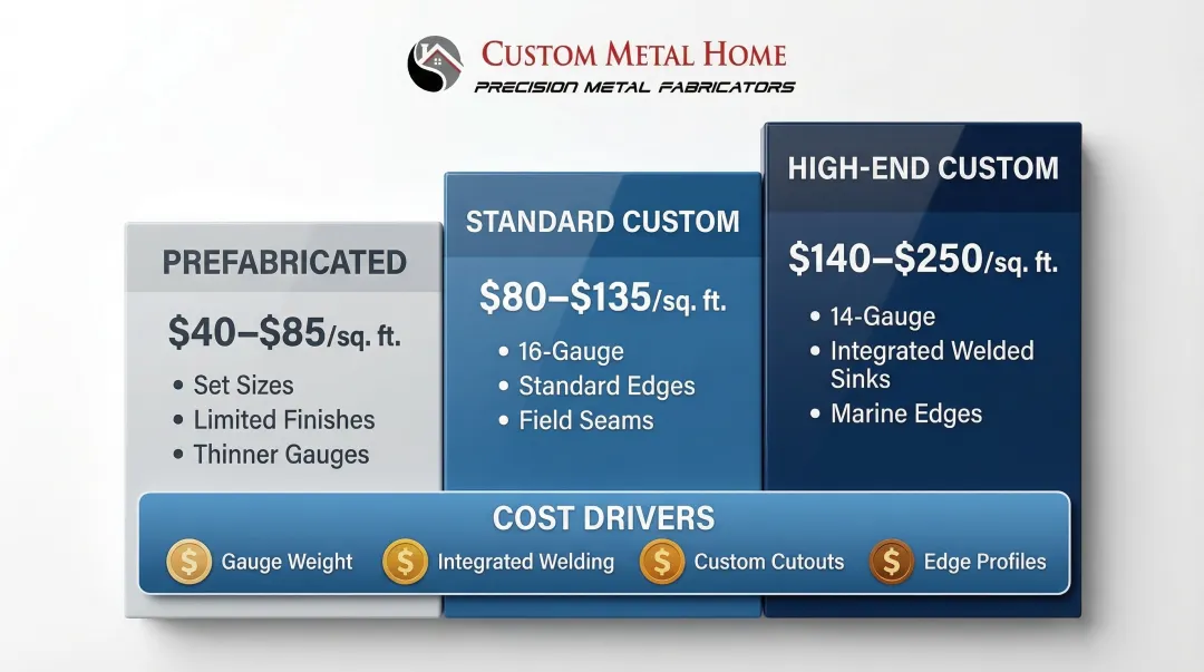 Stainless steel countertop cost comparison across prefabricated standard and high-end custom builds