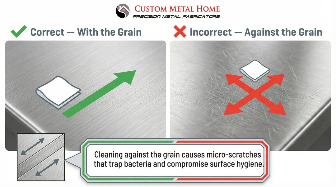 Correct versus incorrect stainless steel cleaning grain direction comparison infographic