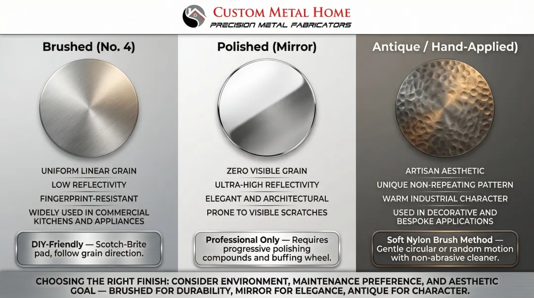 Stainless steel cabinet finish types comparison chart brushed polished and antique