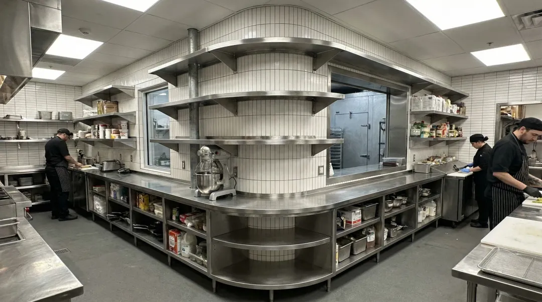 Custom fabricated stainless steel shelving installed in commercial restaurant kitchen