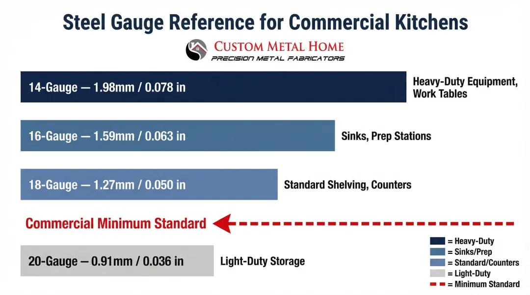 Commercial kitchen steel gauge thickness comparison chart from 14 to 20 gauge