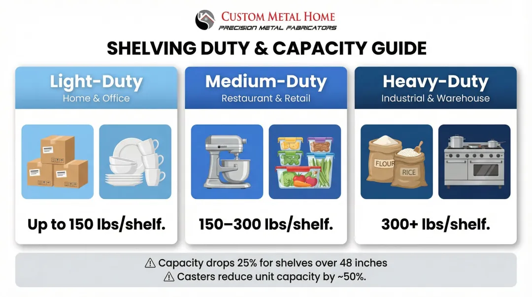 Restaurant shelf weight capacity tiers light medium and heavy duty load ratings