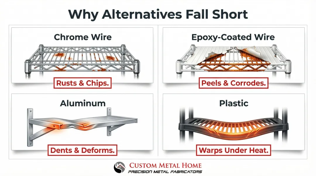Four shelving materials comparison chart showing corrosion and durability drawbacks