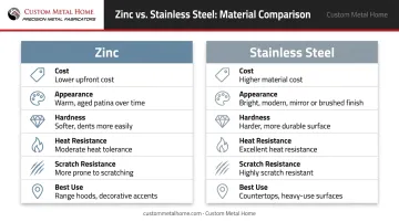 Zinc versus stainless steel countertop side-by-side comparison chart with key features