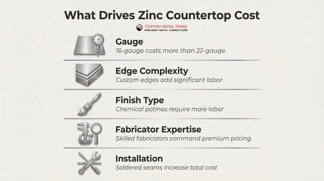 Five key cost drivers for zinc countertop pricing from gauge to installation