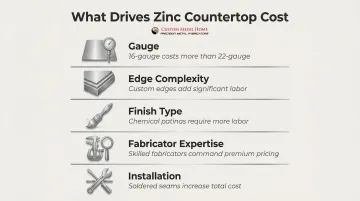 Five key cost drivers for zinc countertop pricing from gauge to installation