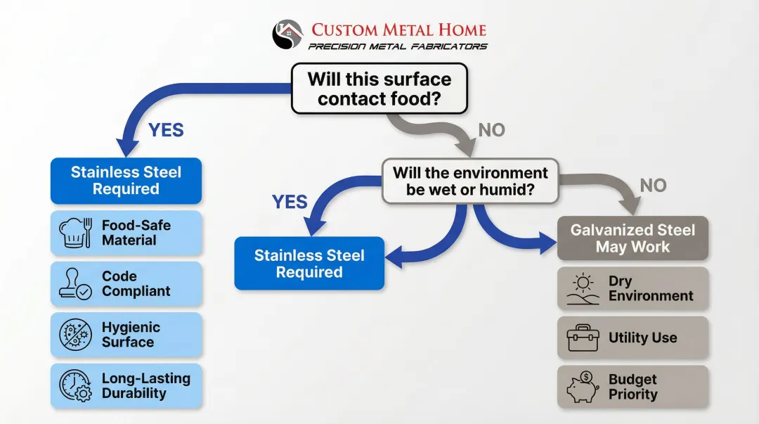 Decision flowchart choosing galvanized steel versus stainless steel countertop by use case