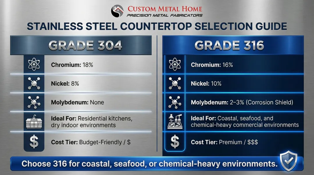 304 versus 316 stainless steel grade comparison chart for countertop applications