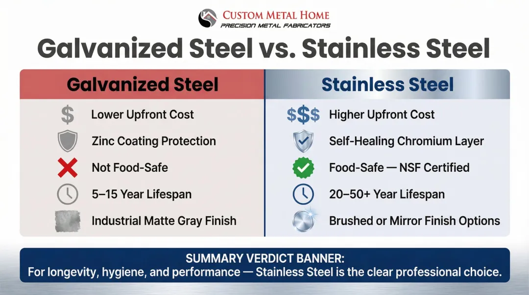 Galvanized steel versus stainless steel countertop side-by-side comparison infographic
