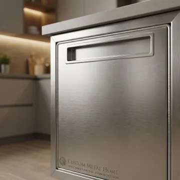 Close-up of a custom metal kitchen cabinet with brushed steel finish and integrated hardware