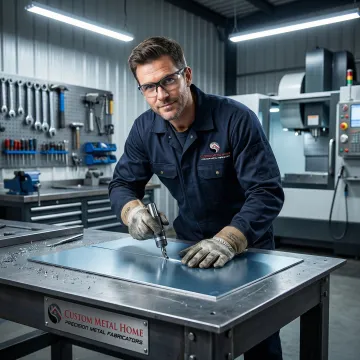 Metal fabricator cutting and shaping a custom zinc kitchen backsplash panel in a workshop