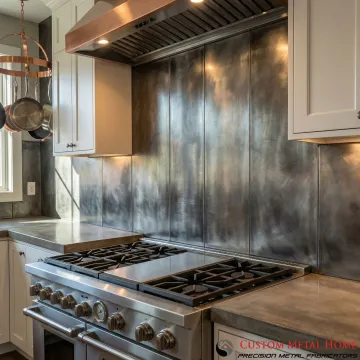 Custom zinc kitchen backsplash installed behind a modern kitchen range