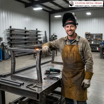 Custom steel furniture being crafted in a professional metal fabrication workshop
