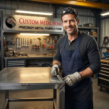 Professional metal fabricator working on a custom steel furniture piece in a fabrication facility