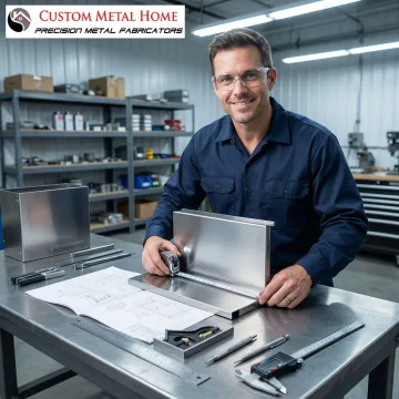 Fabricator measuring and installing custom stainless steel kitchen cabinets