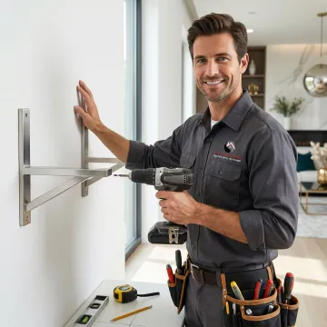 Technician installing custom metal shelving in a residential or commercial space