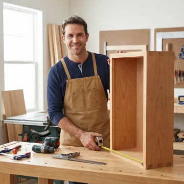 Cabinet fabrication process showing craftsman building custom kitchen cabinets