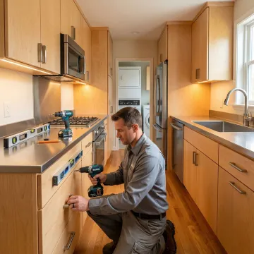 Cabinet installer fitting a custom wood cabinet into a kitchen wall