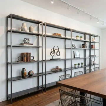 Custom metal shelving units installed in a modern home or commercial space