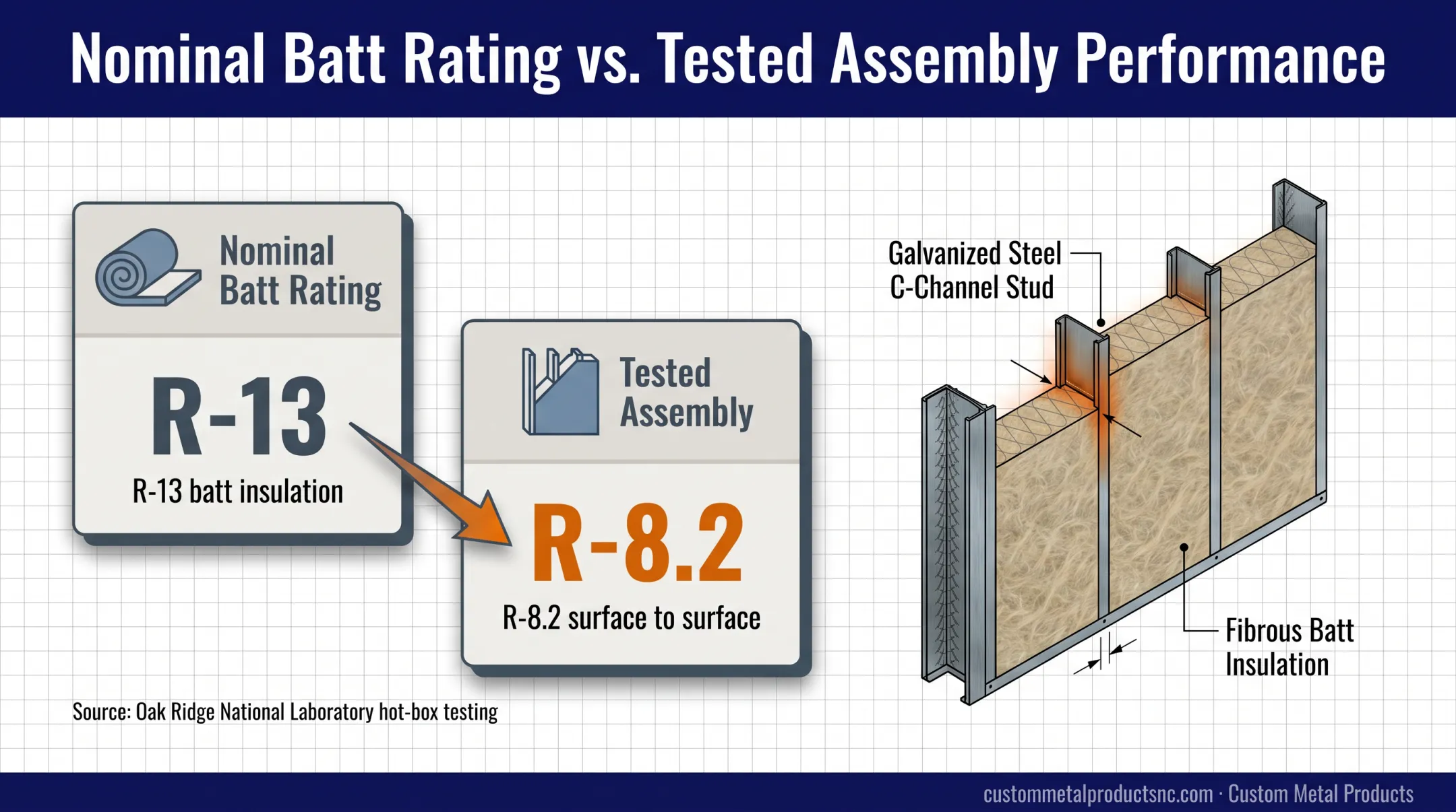 Steel stud wall R-value comparison showing insulation and assembly performance