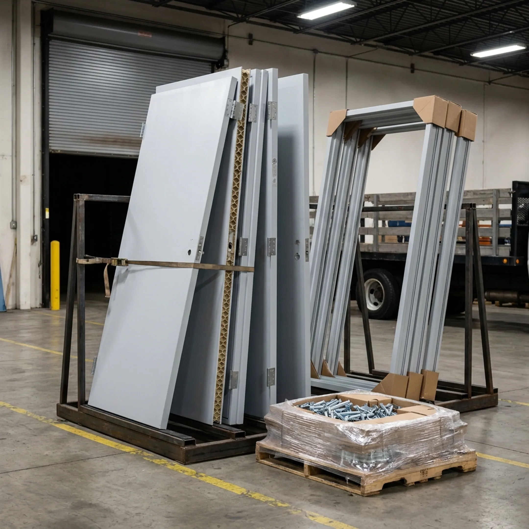 Commercial hollow metal door and frame components ready for project delivery