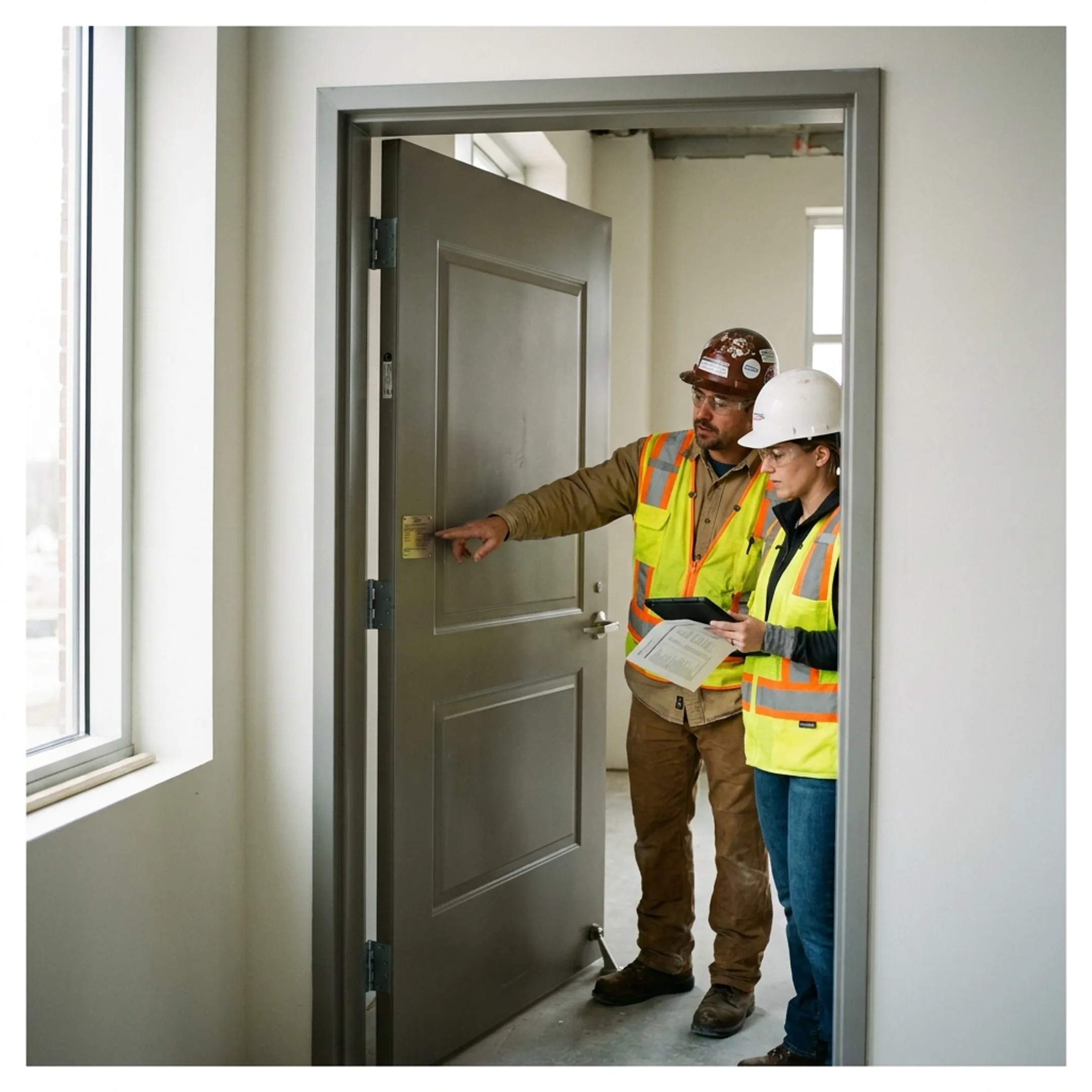 UL-labeled commercial fire-rated hollow metal door and frame at a construction site