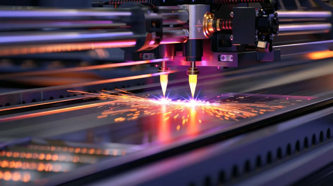 Industrial fiber laser cutting machine processing metal sheet in manufacturing facility